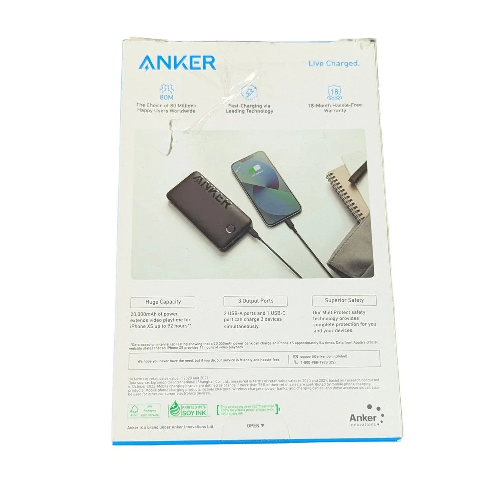 Cc5Uf Anker‎ Power Bank 20000mAh, 20W, 3-Port,USB-C & 2 USB-A) W/PD Black Read⬇️